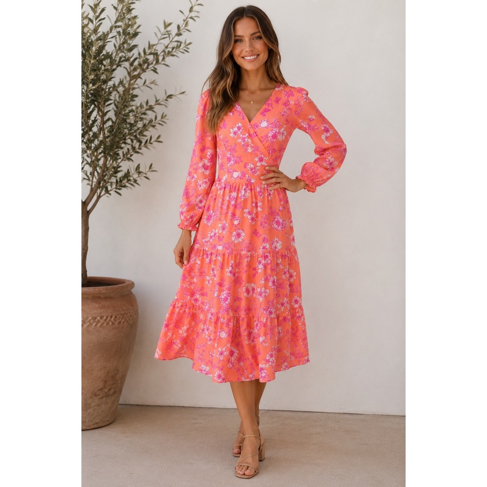 Sincerely Jules Floral Tiered Midi Dress Orange Pink Long Sleeve Smocked Back M